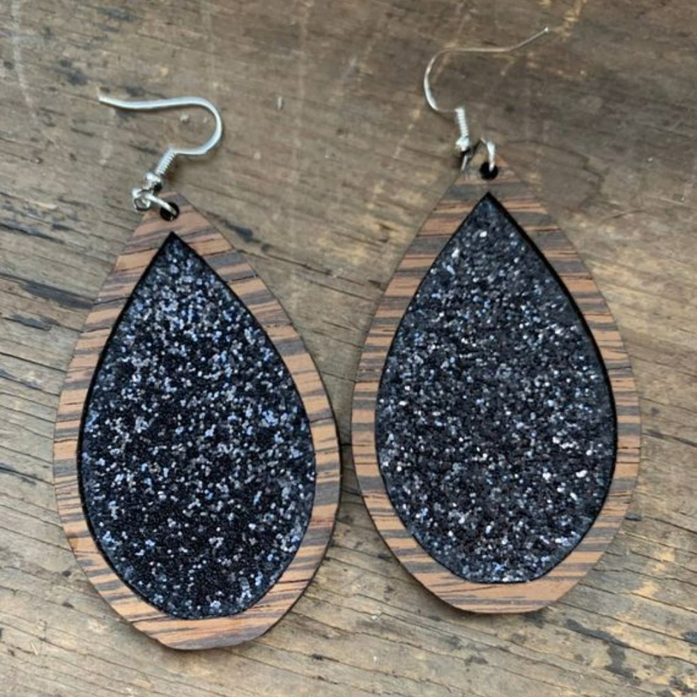 Wood Teardrop Earrings with Black Glitter Cork